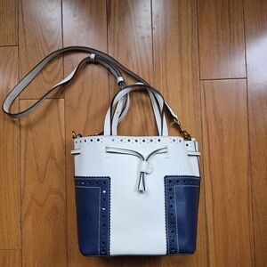 *Tory Burch* Block T Navy and Ivory Leather Mini Drawstring Bucket Bag